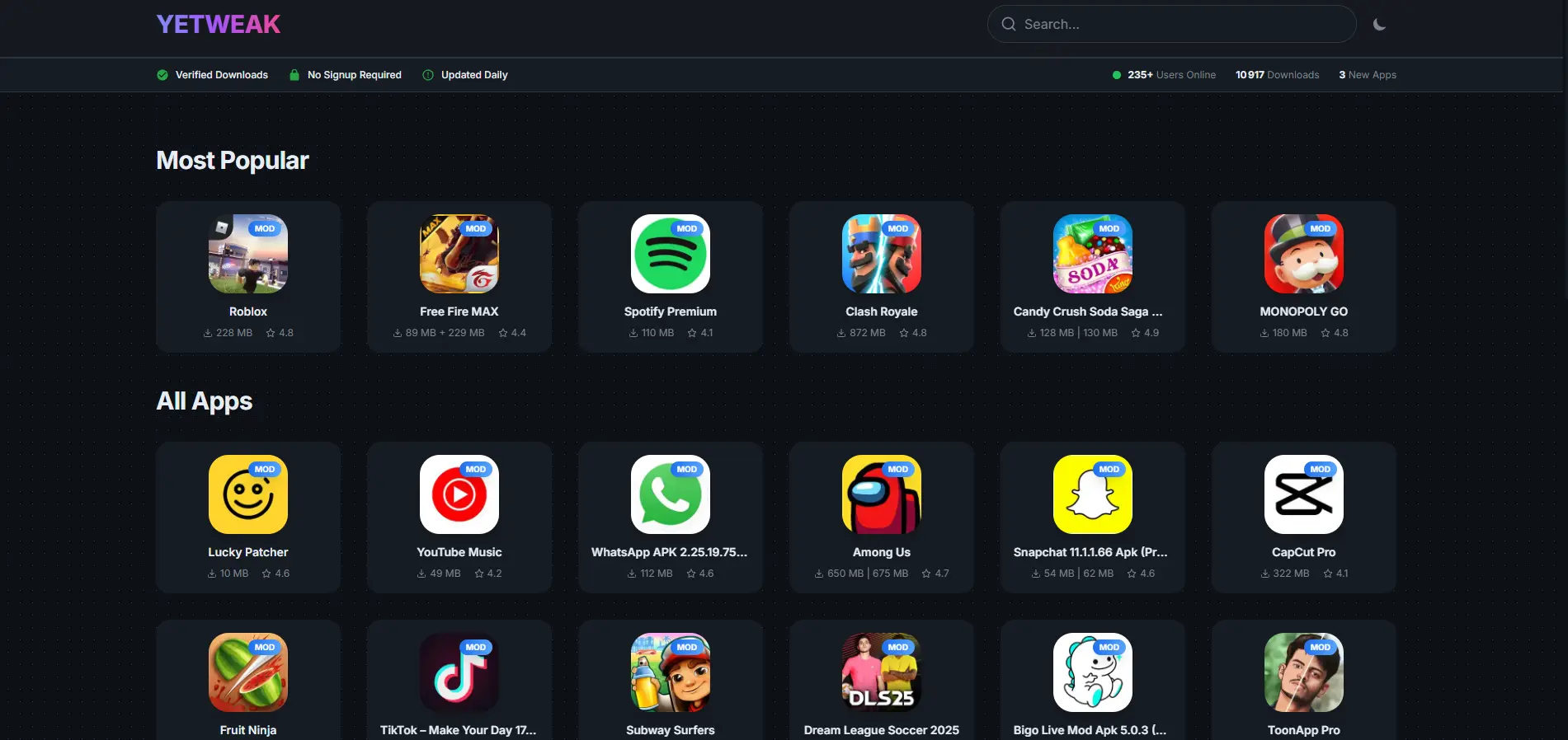 A screenshot of the yetweak.org website interface, showcasing the extensive library of free modded apps available for download for iOS and Android.